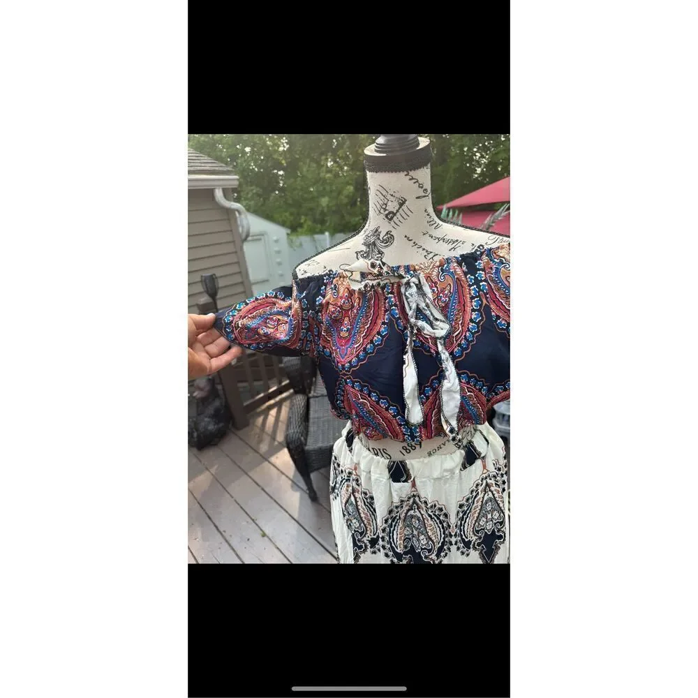 Summer two piece totem, print, Boho off the shoulder crop top and skirt see meas